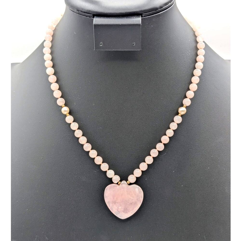 NEEDS RESTRUNG--14K Gold Hong Kong Pink Jadeite Heart Quartz Bead Necklace